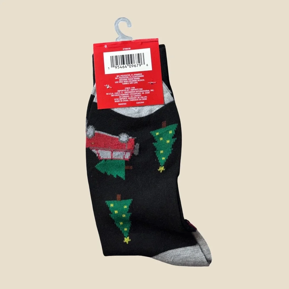 Christmas House Crew Socks Men 6-12 Black Car Christmas Tree Holiday Novelty New